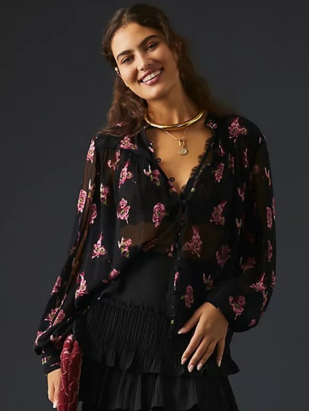 Anthropologie Black Sheer Blouse with Pink Rose Print Sz XS